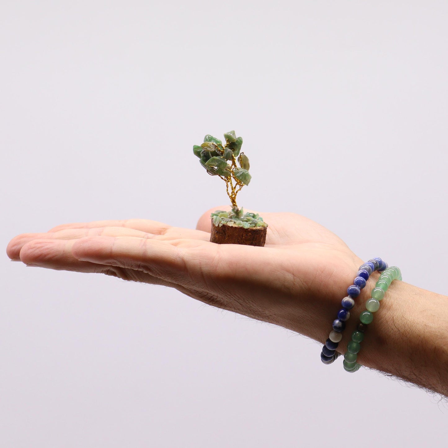 Mini-Edelsteinbaum auf Holzsockel - Grüner Aventurin (15 Steine)
