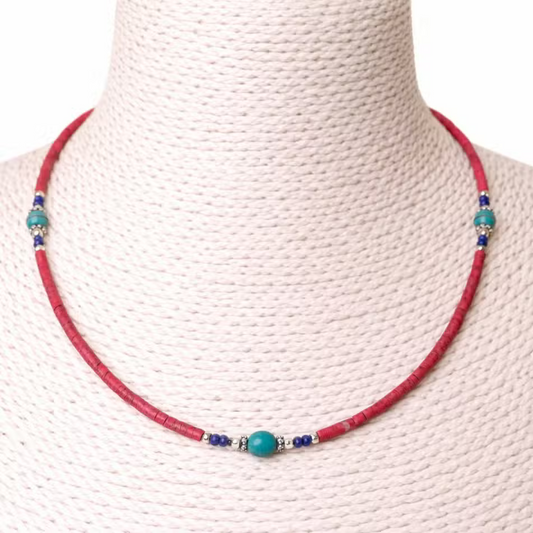 Collar nepalí de gemas extrafinas - cuentas de coral rosa y turquesa