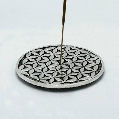 Blume des Lebens Räucherstäbchenhalter, poliertes Aluminium, 11 cm
