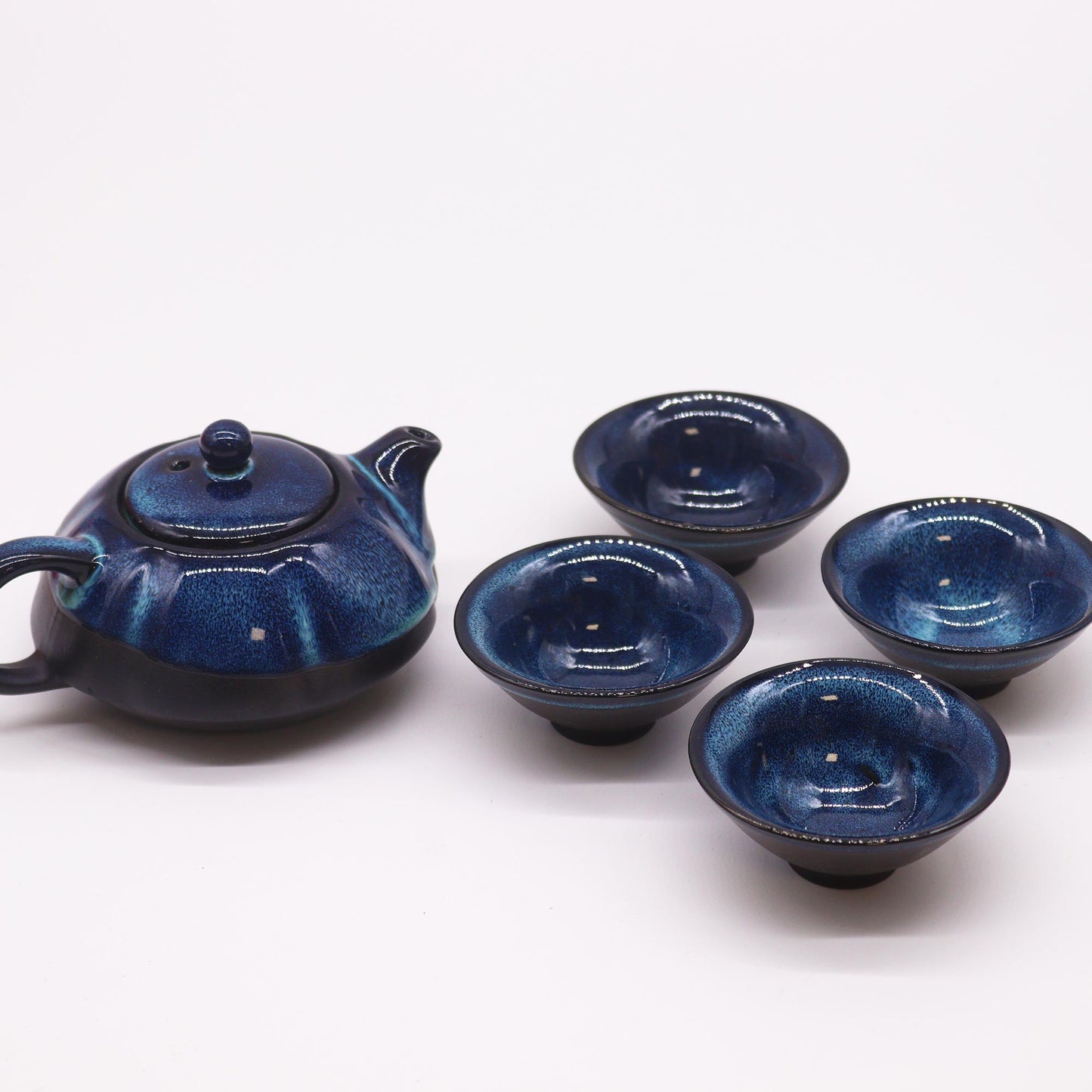 Service à thé - Tons bleus - Théière et quatre tasses