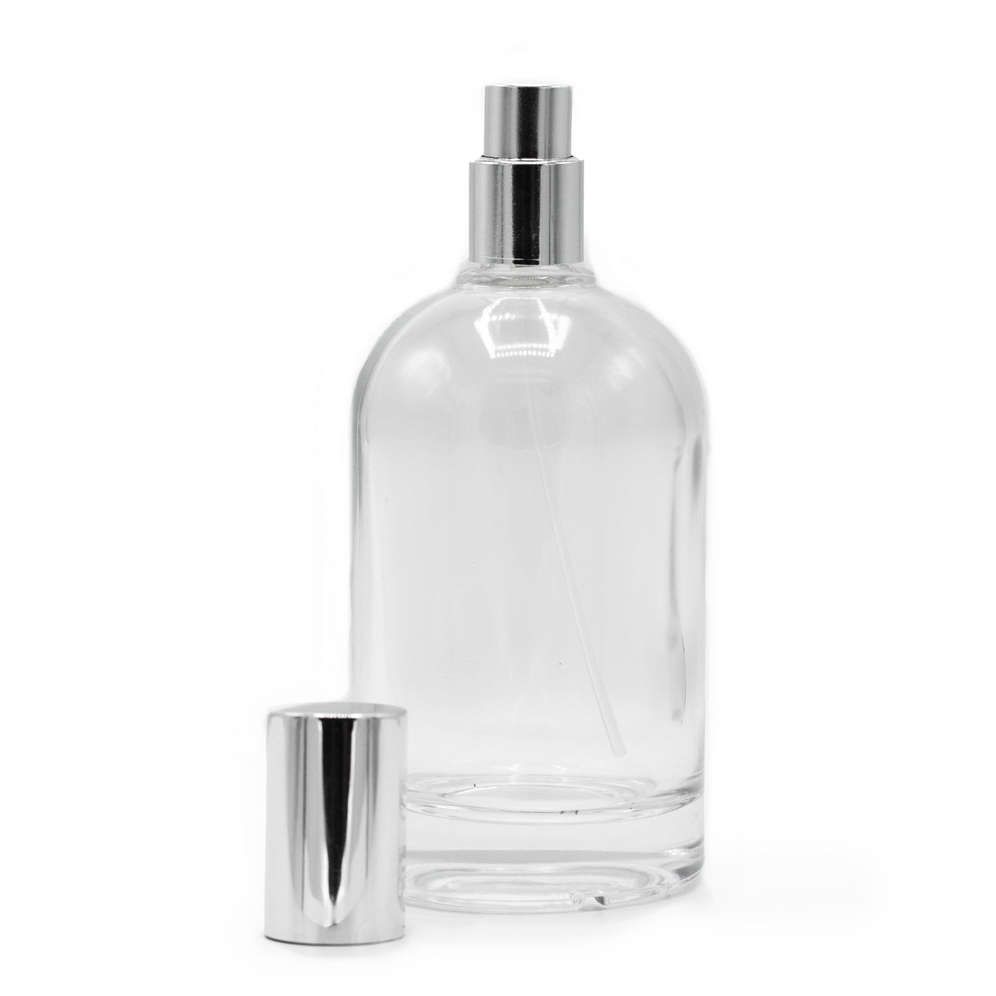 100 ml dicke runde Flasche, silbernes Spray und Kappe