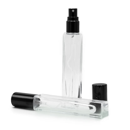 Flacon carré haut et fin de 10 ml, vaporisateur et bouchon noirs