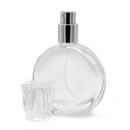 Flacon ovale de 50 ml, spray argenté et bouchon en verre