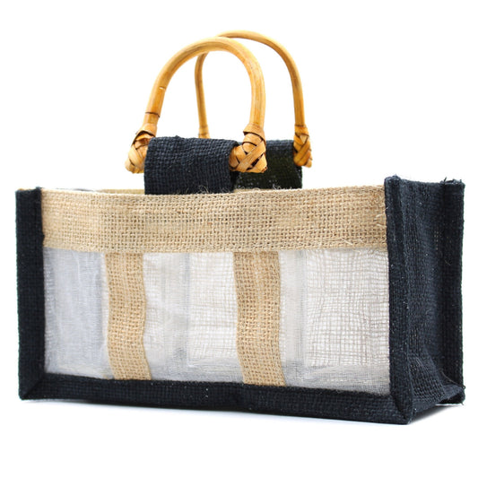 Geschenktüte aus reiner Jute und Baumwolle mit Fenster – 3 Fenster in Schwarz