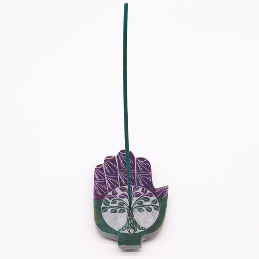 Mittlerer Hamsa-Räucherstäbchenhalter aus Speckstein 13x9cm - Lebensbaum