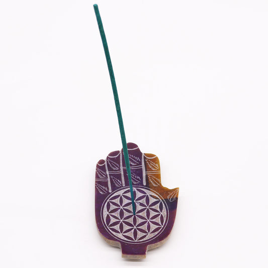 Mittlerer Hamsa-Räucherstäbchenhalter aus Speckstein 13x9cm - Blume des Lebens