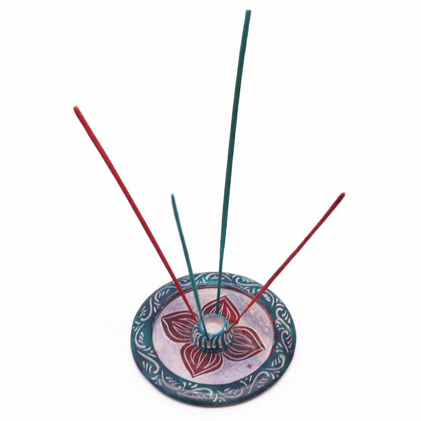 Porte-encens en forme de disque en stéatite 12 cm - Quatre pétales (cône et porte-encens)