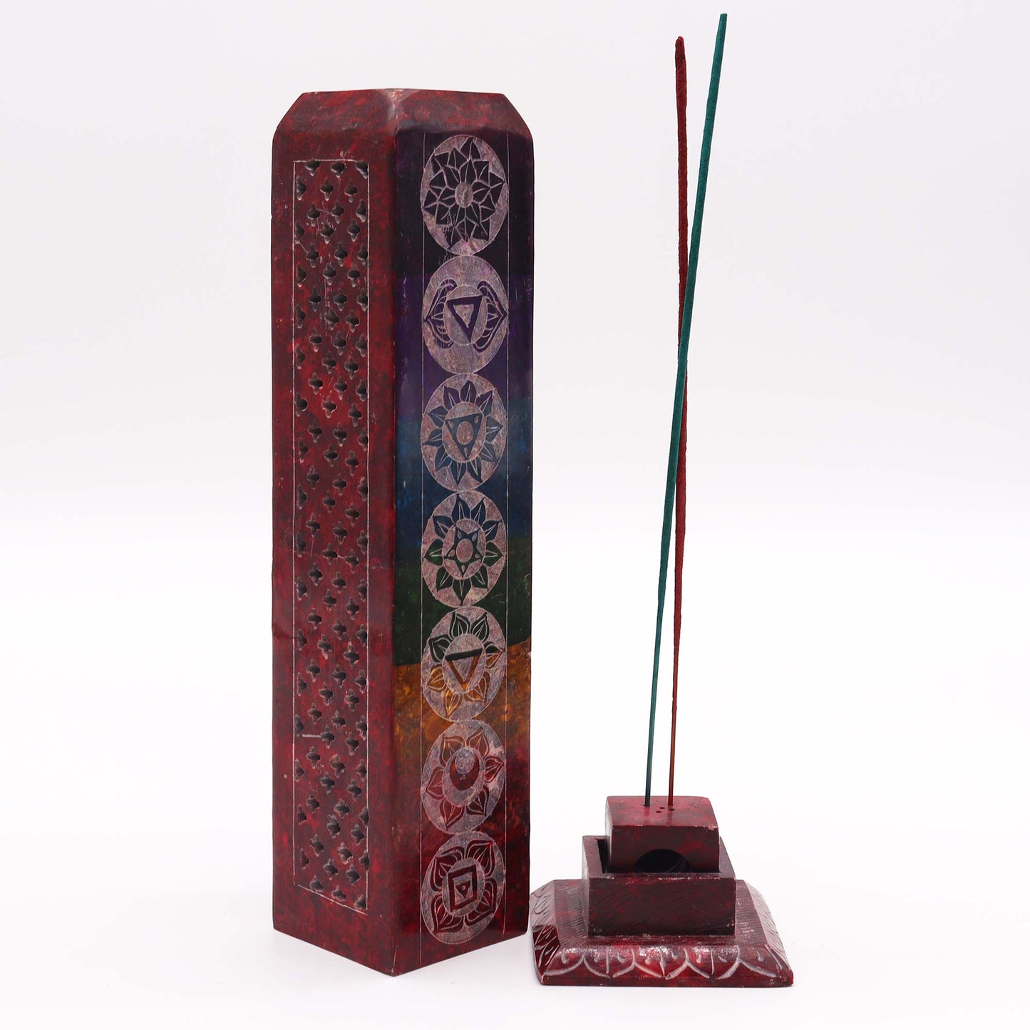 Quadratischer Specksteinturm-Räucherstäbchenhalter 25 cm - 7 Chakren