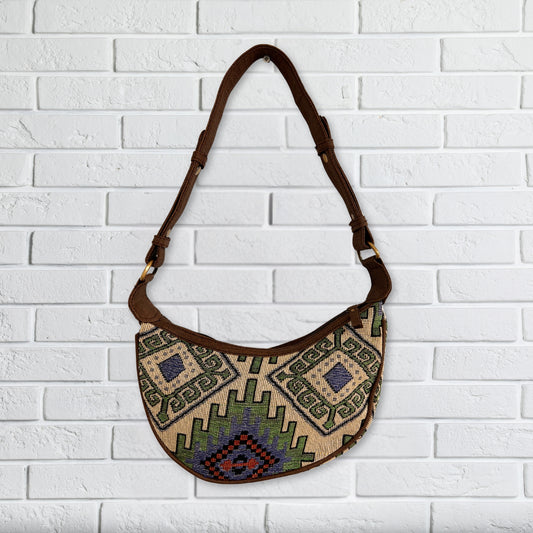 Jacquard-Hobo-Tasche – Geo-Grün (brauner Riemen)
