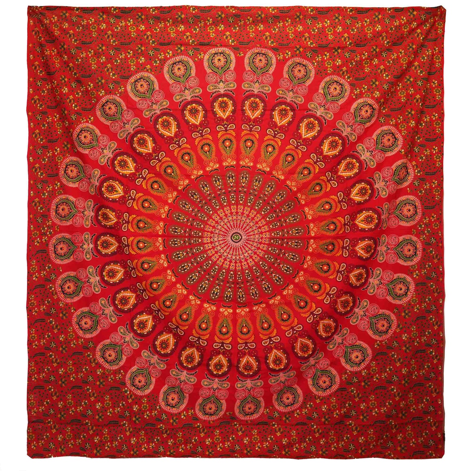 Colcha Doble de Algodón + Colgante de Pared - Pavo Real Mandala - Rojo