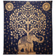 Colcha Doble de Algodón + Colgante de Pared - Elefante y Árbol - Azul Dorado