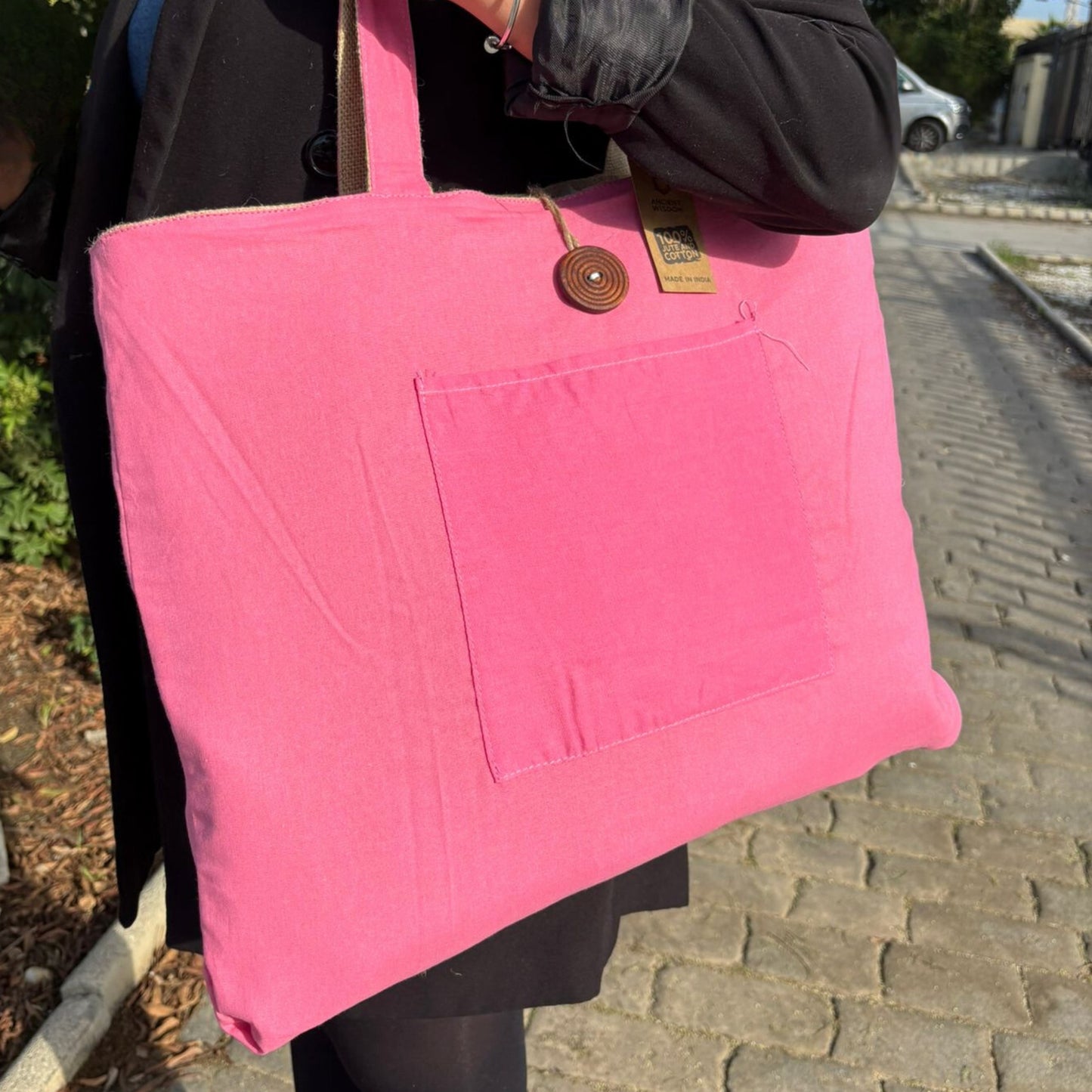 Grand sac réversible en jute et coton - Rose (204C)