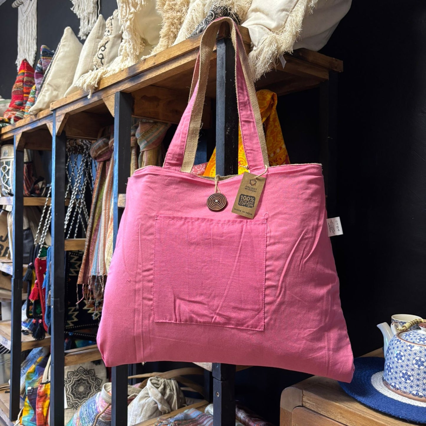 Grand sac réversible en jute et coton - Rose (204C)