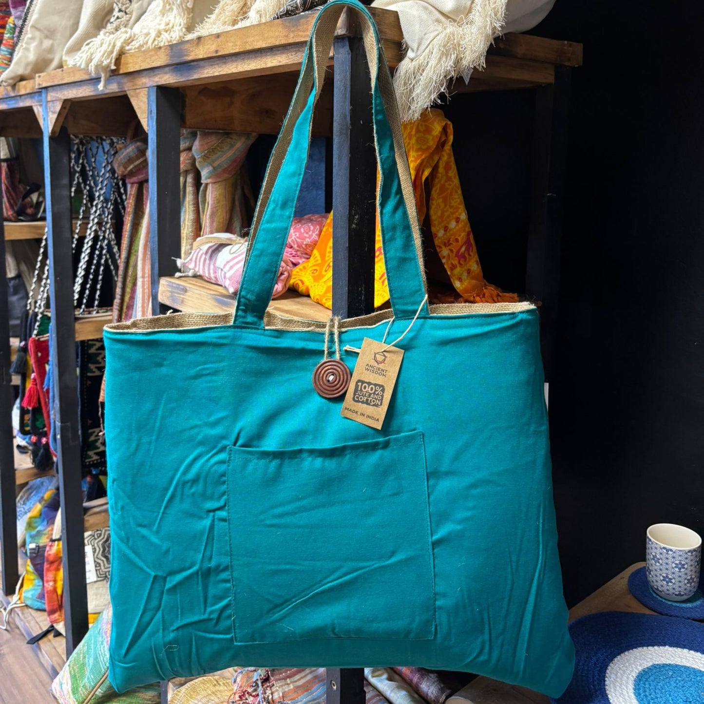 Große wendbare Tasche aus Jute und Baumwolle – Blaugrün (7717C)