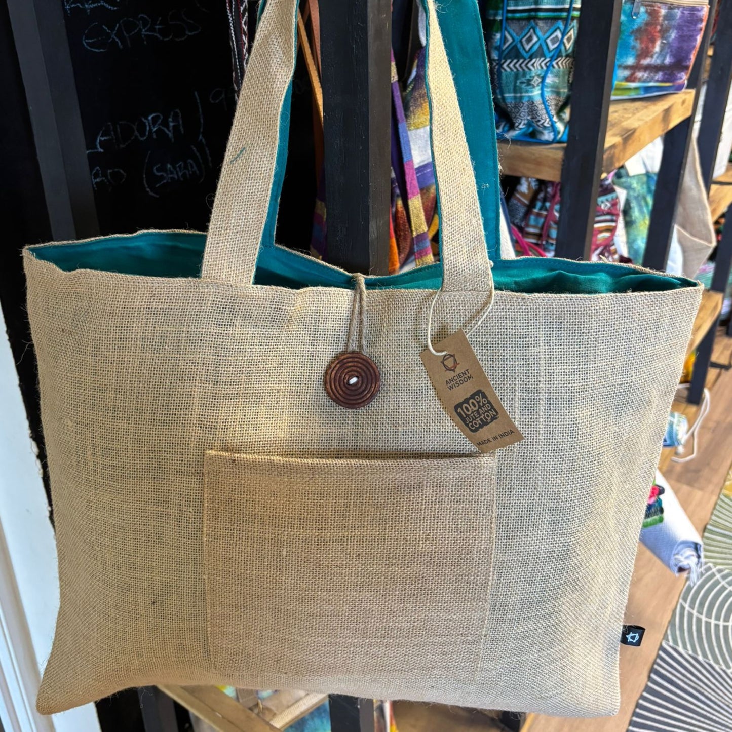 Große wendbare Tasche aus Jute und Baumwolle – Blaugrün (7717C)
