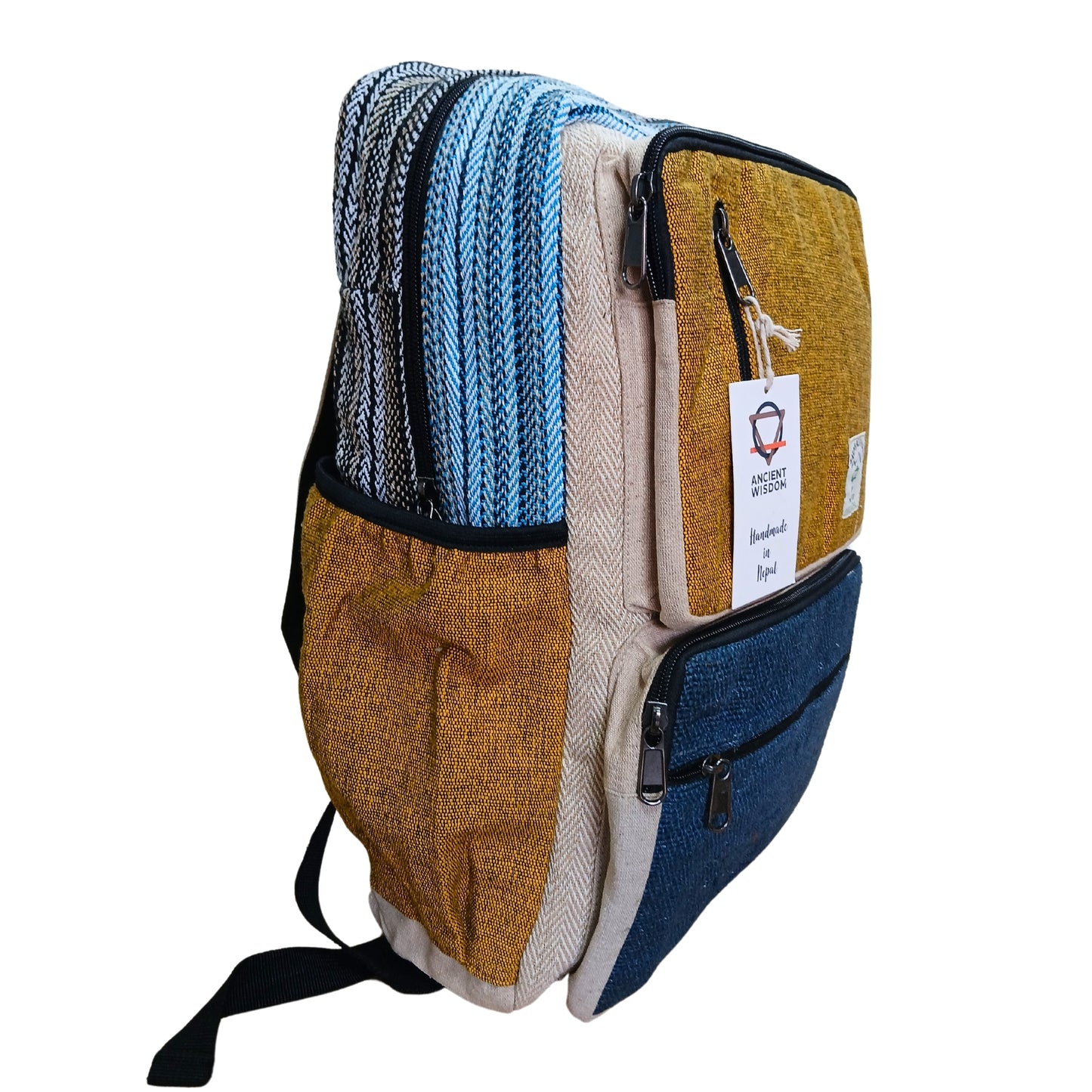 Großer Hanf-Rucksack – Blaugrün &amp; Kurkuma
