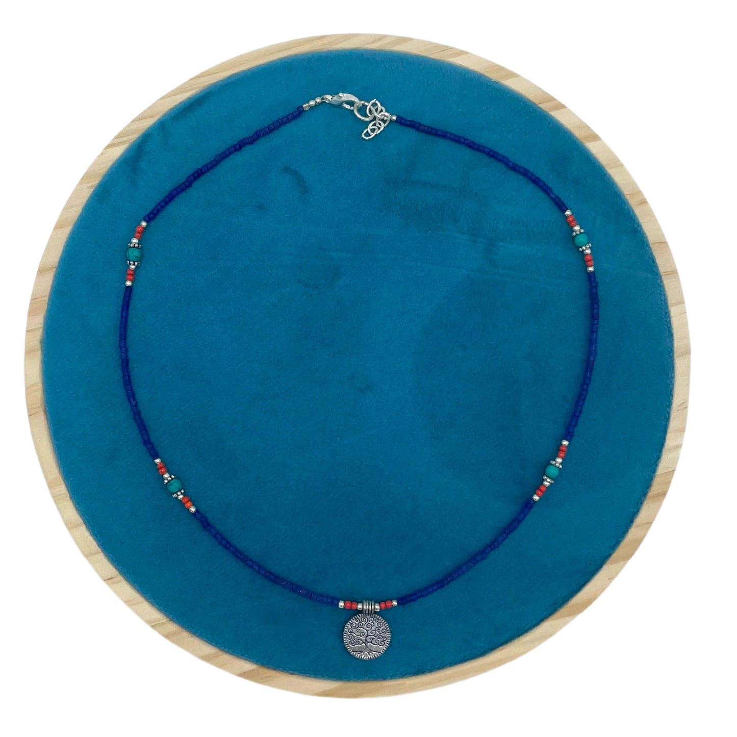 Collier népalais en pierres précieuses extra-fines - onyx bleu et arbre de vie