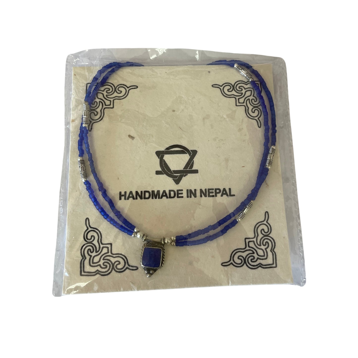 Collier népalais extra-fin à deux rangs - Pendentif en onyx bleu et lapis-lazuli