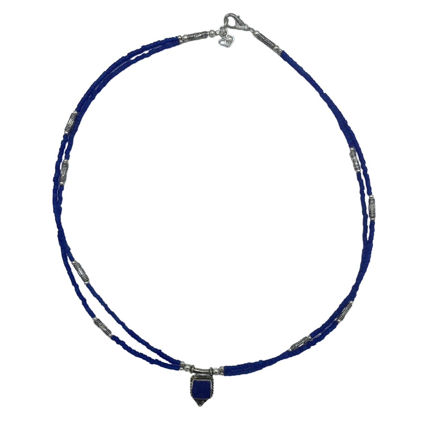 Collier népalais extra-fin à deux rangs - Pendentif en onyx bleu et lapis-lazuli