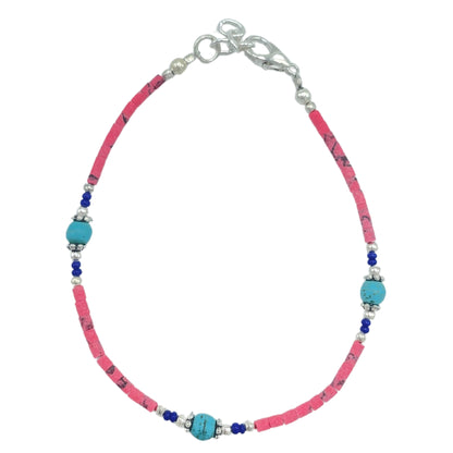 Nepalesisches Armband aus extrafeinen Edelsteinen – rosa Korallen- und Türkisperlen
