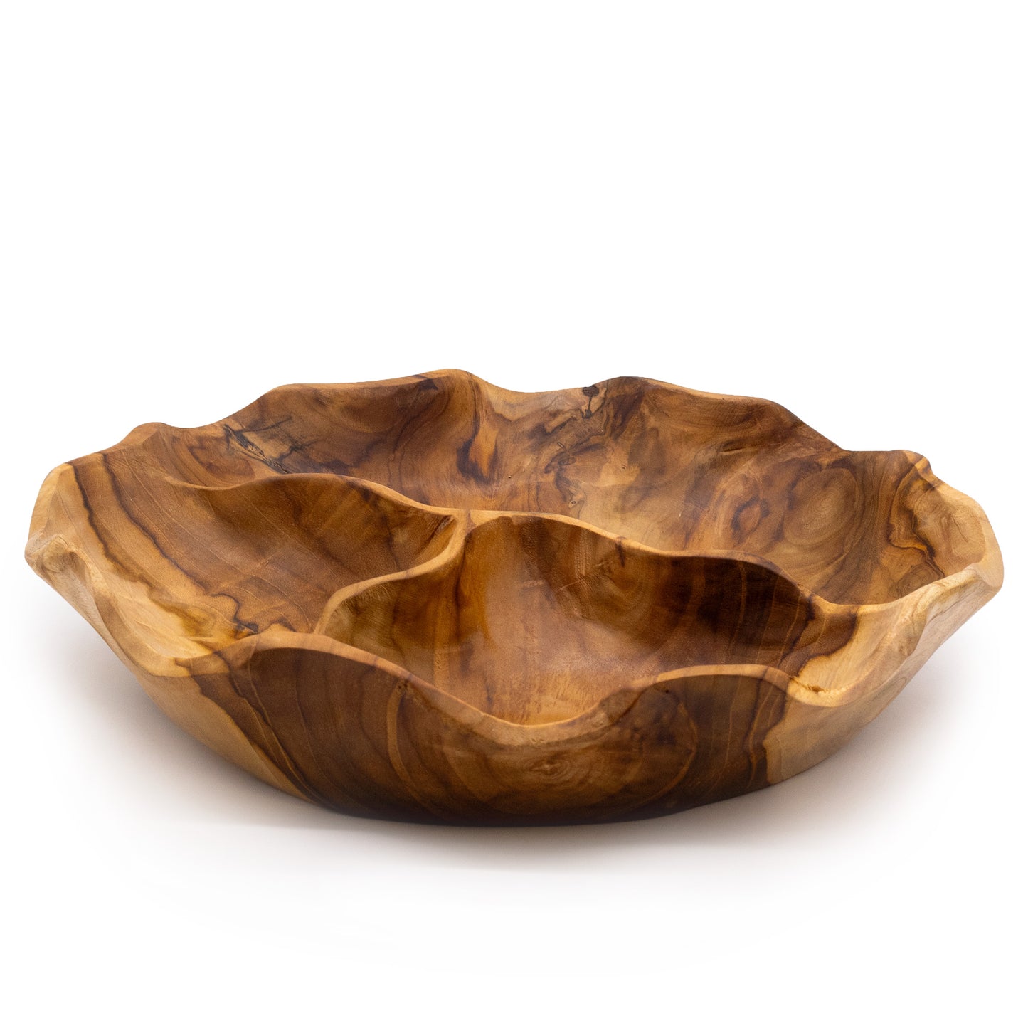 Glatte, runde Obstschale aus Teakholz mit drei Abschnitten – 30 x 5,5 cm