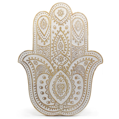 Placa de pared Mano de Hamsa en madera de Mango - Blanco
