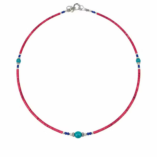 Collar nepalí de gemas extrafinas - cuentas de coral rosa y turquesa