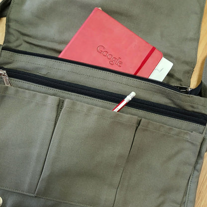 Laptop-Umhängetasche aus Baumwollcanvas - Olivgrün