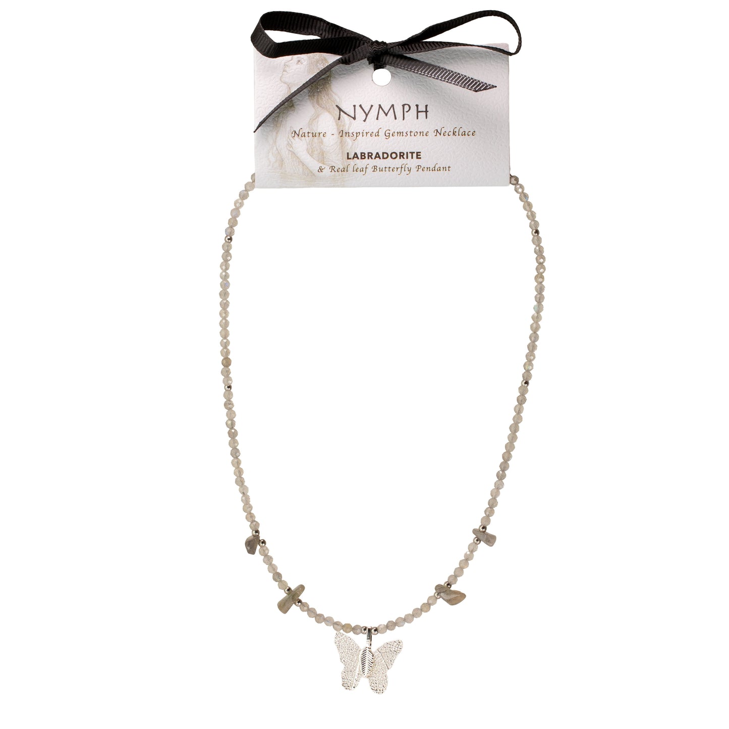 Collar de gema de labradorita Ninfa con colgante de mariposa de hoja real