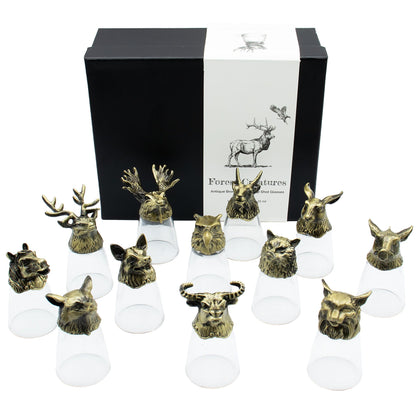 Coffret cadeau de 12 verres à liqueur Bottom Up (25 ml) - Forêt et créatures mystiques - Bronze antique