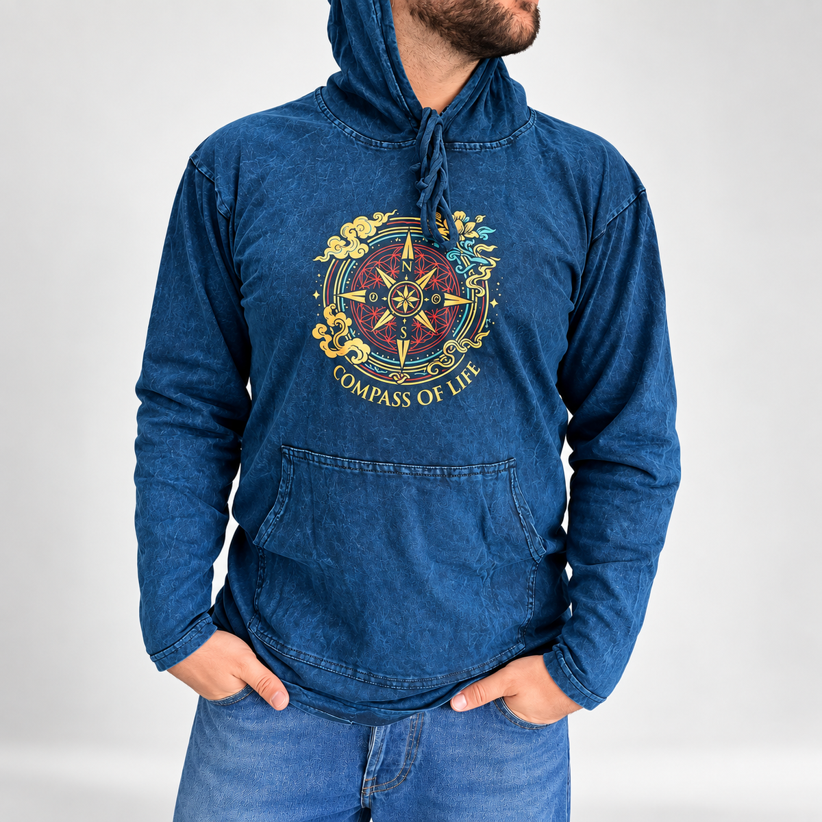 Camisa con capucha pequeña lavada a la piedra con bolsillo canguro - Brújula de la vida azul