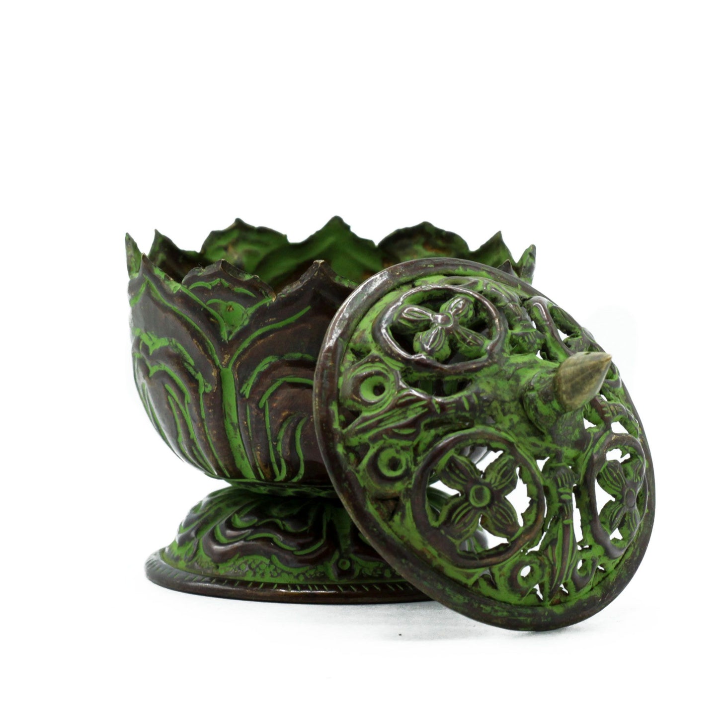 Brûle-encens tibétain en laiton vert-de-gris - Petit lotus