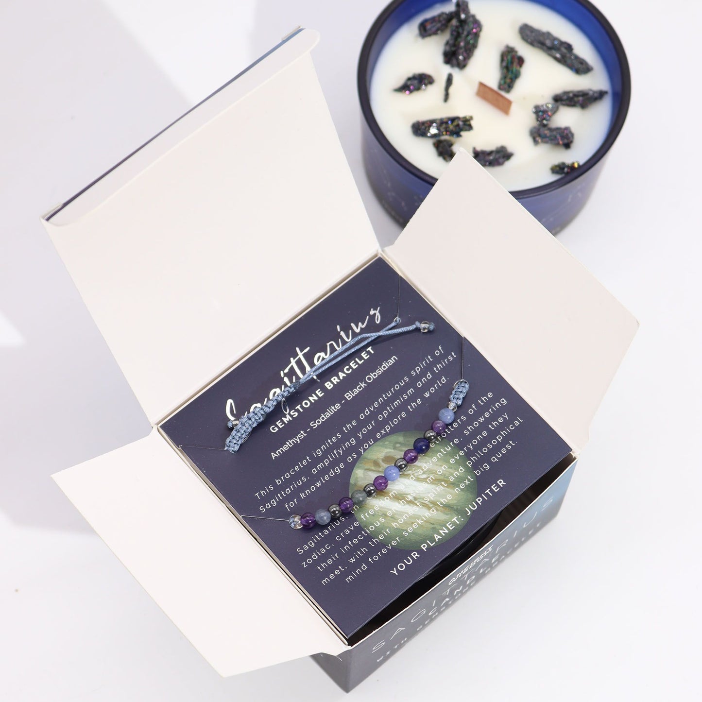 Bougie en cristal du zodiaque avec bracelet en pierres précieuses – Sagittaire