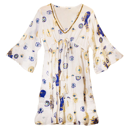 Vestido Sari Nomad Mal de Ojo Blanco Azul Dorado (talla LXL)