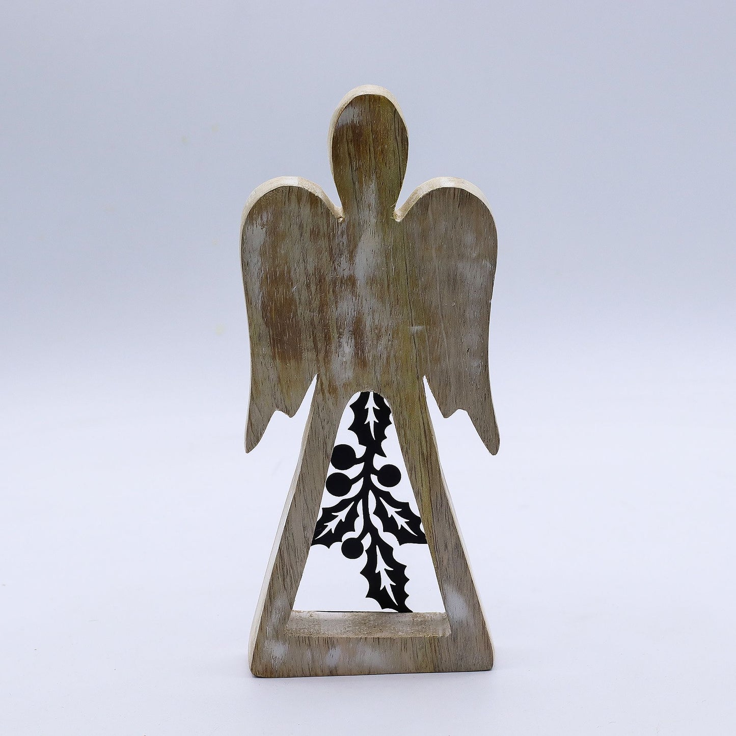 Ángel de madera de mango - Encalado con decoración de hierro recortado - 18 cm