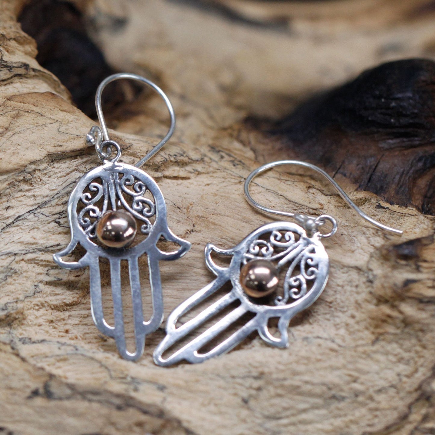 Pendientes Plata y Oro Mano de Hamsa