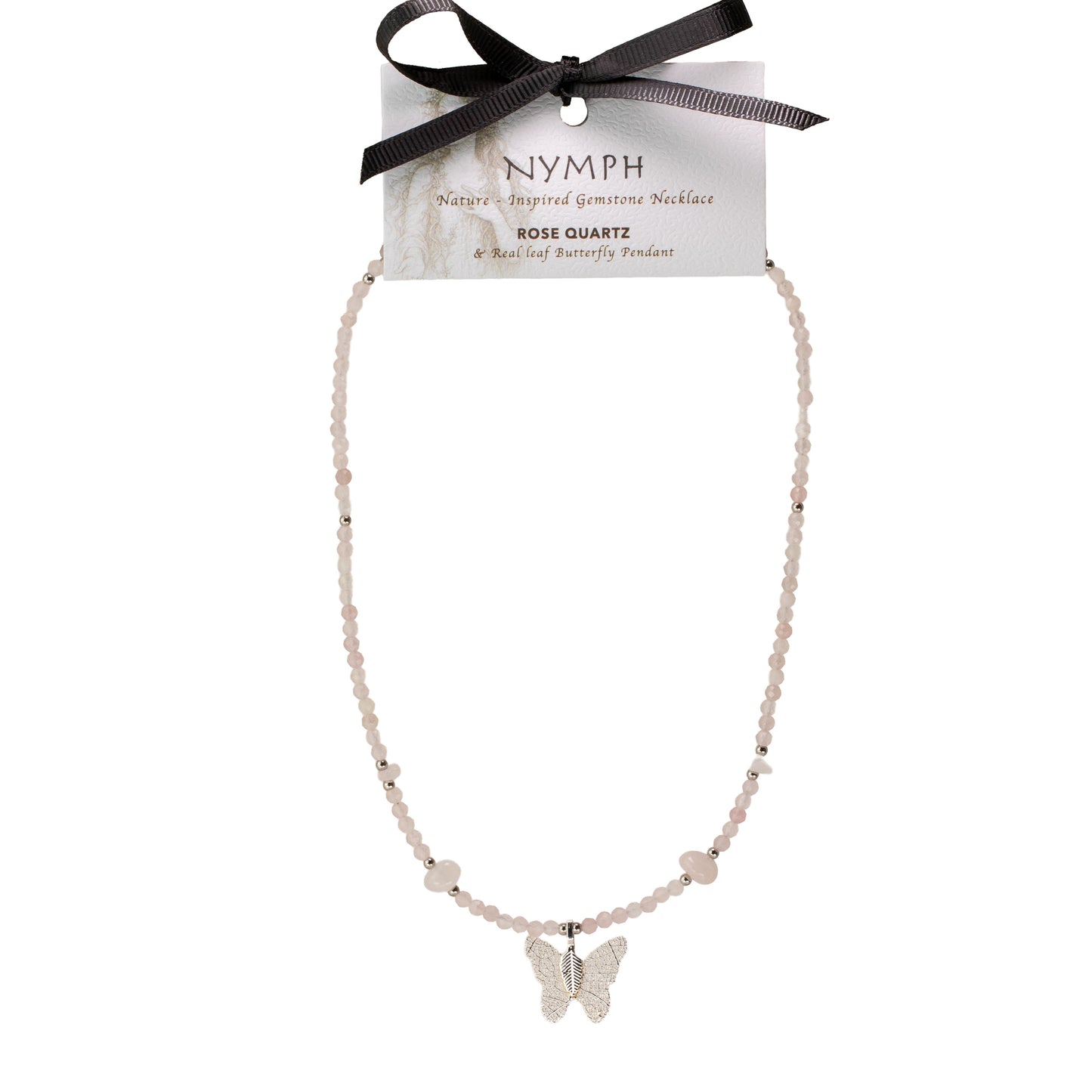 Collar de gema de cuarzo rosado Nymph con colgante de mariposa de hoja real