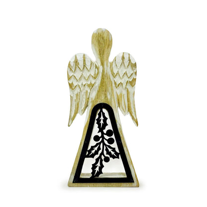 Ángel de madera de mango - Encalado con decoración de hierro recortado - 18 cm