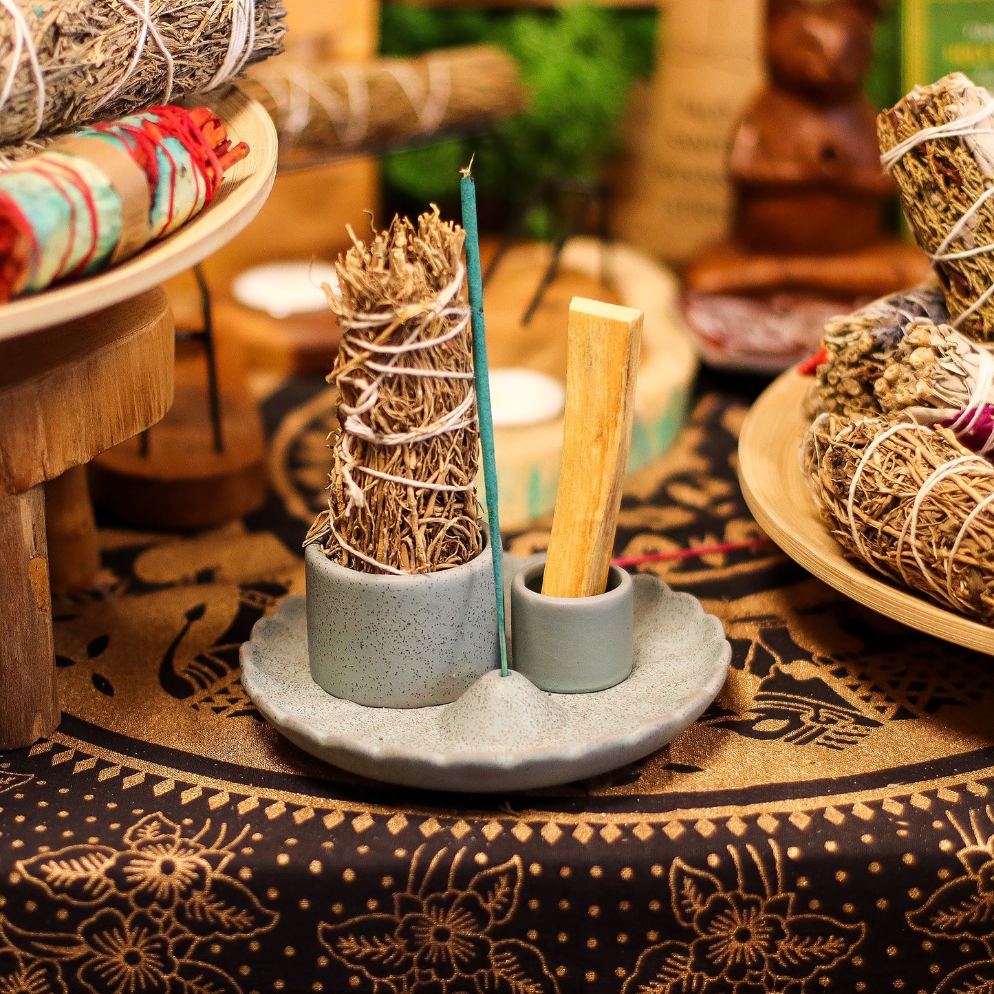 Palo Santo Zauberstab und Räucherstäbchenhalter - Lotusblume - Blau