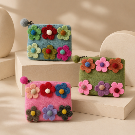 Seis estuches con cremallera de fieltro con flores (3 surtidos)