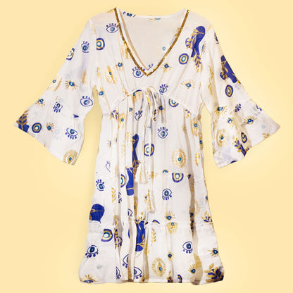 Vestido Sari Nomad Mal de Ojo Blanco Azul Dorado (talla LXL)