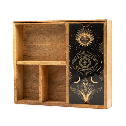 Tarotbox mit vier Fächern und Kartenständer