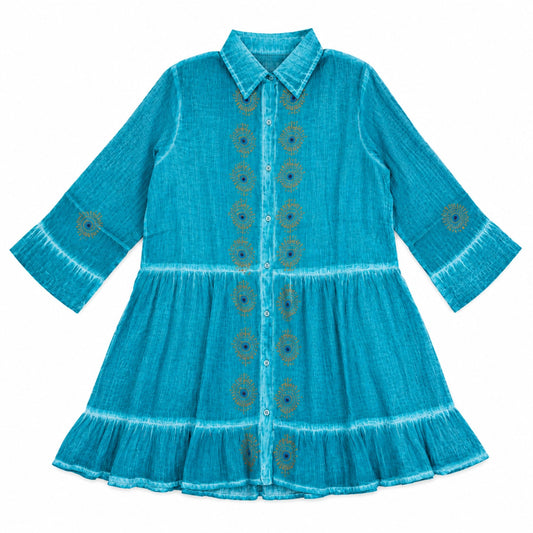 Nomad Sari en la Colección Med - vestido tipo túnica - turquesa con estampado en bloque del ojo turco (M-L)
