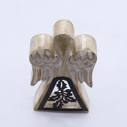 Ángel de madera de mango - Encalado con decoración de hierro recortado - 18 cm