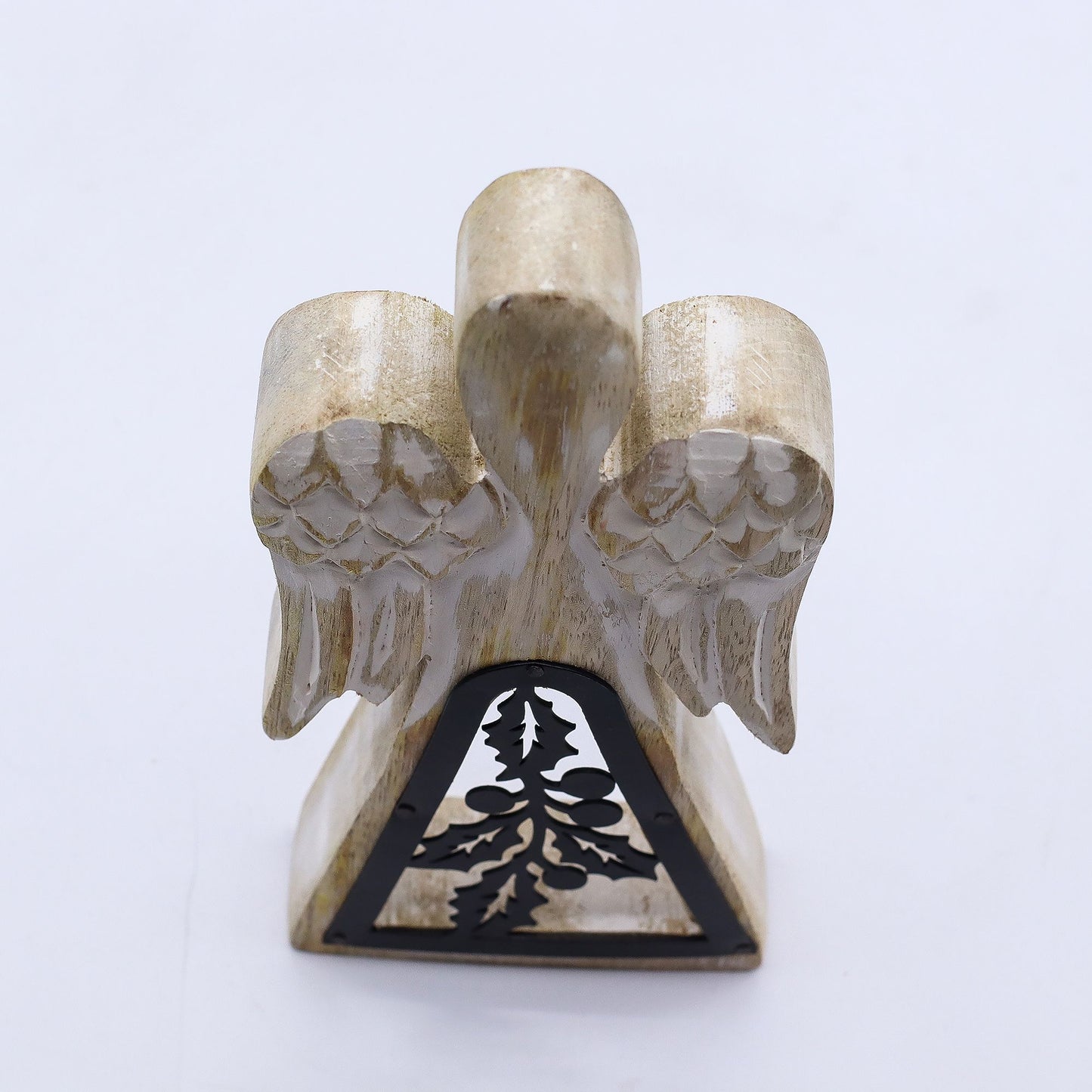 Ángel de madera de mango - Encalado con decoración de hierro recortado - 18 cm