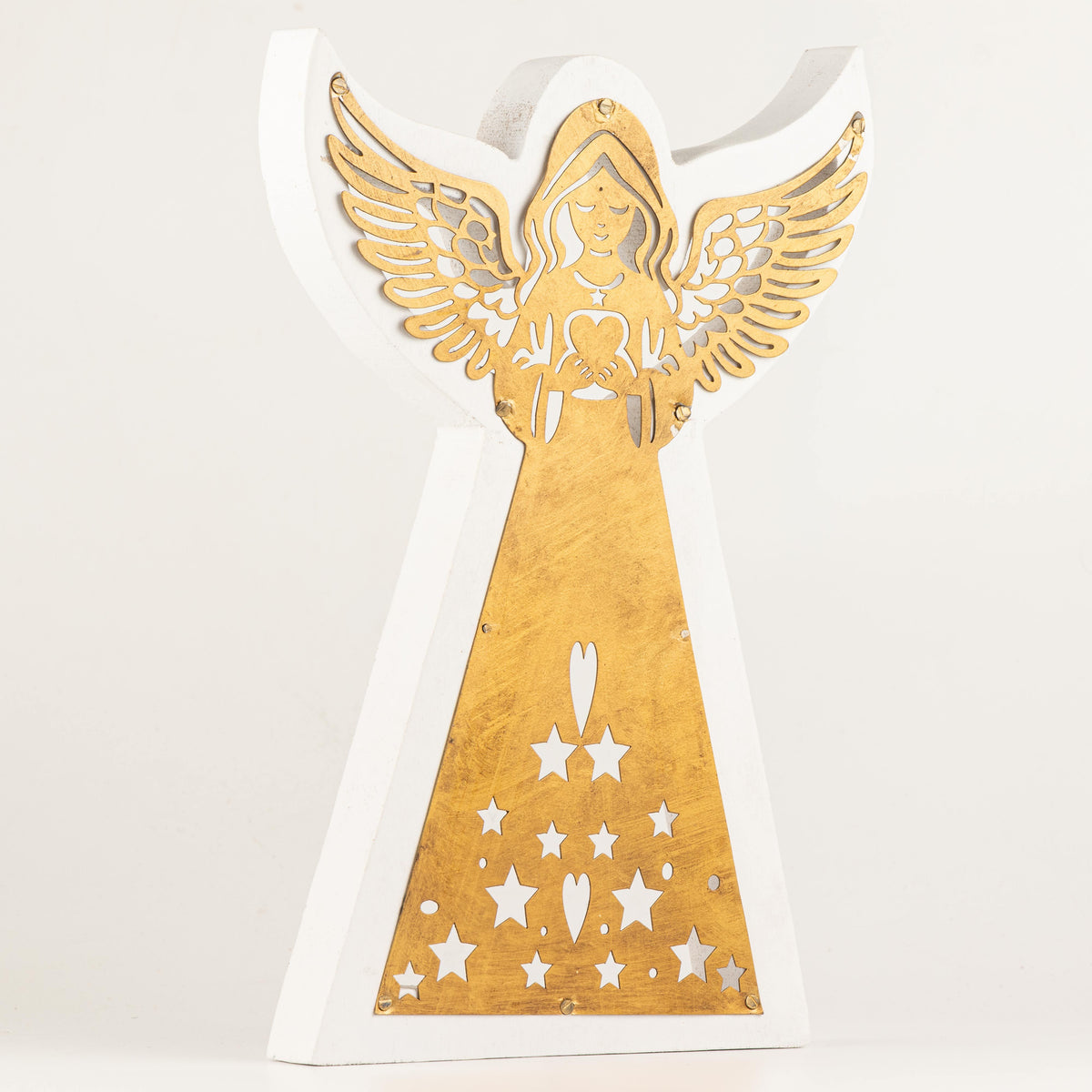 Ángel de madera de mango - acabado lavado blanco con recorte decorativo de hierro - 39 cm