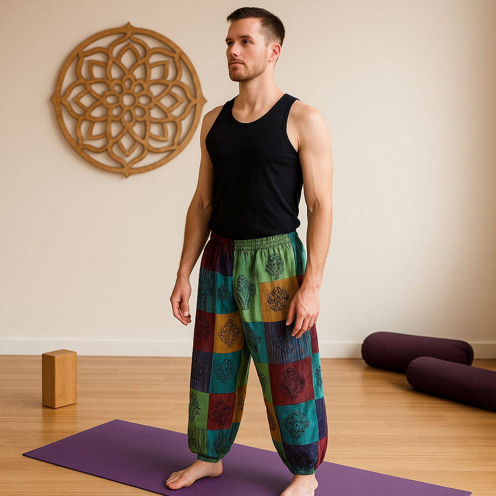 Nomaden-Sari – Pilzhose – Blockdruck-Designs – Grüntöne L/XL