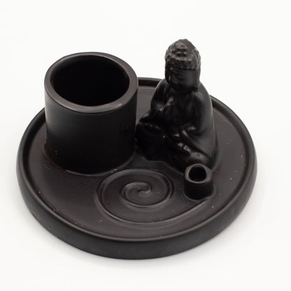Porte-encens multifonctionnel Bouddha - Céramique noire mate