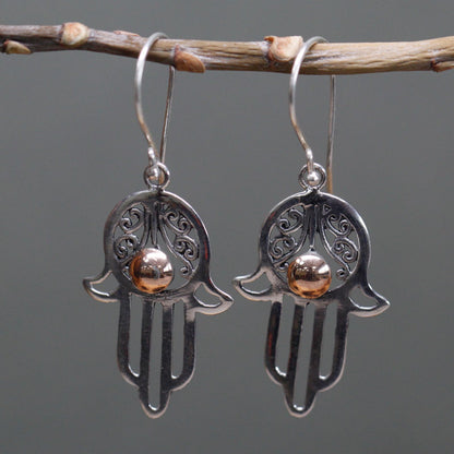 Pendientes Plata y Oro Mano de Hamsa
