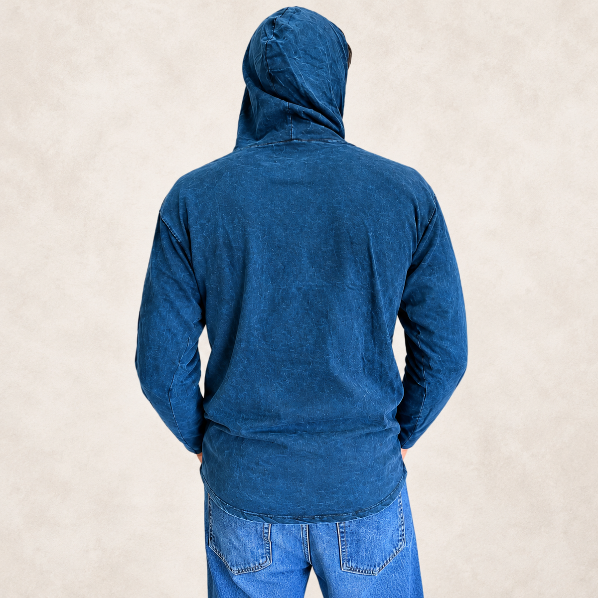 Camisa con capucha grande lavada a la piedra con bolsillo canguro - Brújula de la vida azul